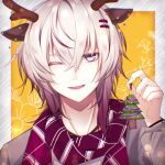  1boy animal_ears antlers border christmas_ornaments christmas_tree collar_x_malice deer_ears grey_hair highres jewelry looking_at_viewer male_focus multicolored_hair necklace okazaki_kei one_eye_closed open_mouth red_scarf redhead reindeer_antlers reindeer_boy scarf short_hair smile solo striped striped_scarf tiboom violet_eyes white_border white_hair white_scarf yellow_background 