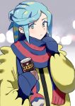  1boy aqua_eyes aqua_hair blue_mittens blue_scarf can commentary_request grey_background grusha_(pokemon) highres holding holding_can inuyama_sumisu jacket long_sleeves looking_at_viewer male_focus medium_hair poke_ball_print pokemon pokemon_(game) pokemon_sv scarf solo striped striped_scarf upper_body yellow_jacket 