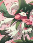  :d blush commentary_request falling_petals happy highres katsukare looking_at_viewer meowscarada open_mouth petals pink_eyes pokemon pokemon_(creature) smile solo sparkle 