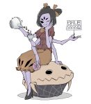  1girl arthropod_girl black_footwear black_hair breasts bug closed_mouth colored_skin cup doughnut dress extra_arms extra_ears extra_eyes fangs food full_body high_heels highres holding holding_cup medium_breasts medium_dress muffet muffet&#039;s_pet one_eye_closed peroponesosu. purple_skin sale short_hair sign sitting sitting_on_animal spider spider_girl teacup teapot undertale 