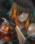  1girl alcohol bare_shoulders black_gloves black_shirt braid brown_eyes brown_hair commentary cup eyepatch fingerless_gloves girls_frontline glass gloves hair_over_shoulder holding holding_cup jacket long_hair looking_at_viewer m16a1_(girls&#039;_frontline) mole mole_under_eye off_shoulder scar scar_on_face shirt smile solo tank_top upper_body visqi whiskey 