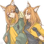  2girls animal_ear_fluff animal_ears arknights bangs black_gloves black_kimono bonjirix braid brown_eyes brown_hair capelet character_request check_character commentary_request dated gloves green_jacket headphones highres jacket japanese_clothes kimono long_hair multiple_girls open_clothes open_jacket parted_bangs ratatos_browntail_(arknights) sciurus_browntail_(arknights) simple_background single_braid twitter_username very_long_hair white_background yellow_capelet yellow_kimono 