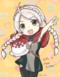  1girl ahoge airisuotog bangs braid breasts buttons cake capelet fire_emblem fire_emblem_fates food hairband heart highres holding holding_cake holding_food hood hood_down hooded_capelet low_twin_braids medium_breasts nina_(fire_emblem) o-ring open_mouth parted_bangs red_capelet smile solo strawberry_shortcake twin_braids v white_hairband 