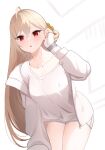  1girl absurdres ahoge bangs blonde_hair blush collarbone hand_in_own_hair highres jacket jingburger jirari leaning_forward long_hair open_clothes open_jacket open_mouth red_eyes shirt short_shorts shorts simple_background solo virtual_youtuber waktaverse watch white_shirt 