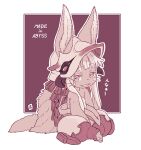  1girl :d animal_ears body_fur border copyright_name full_body furry furry_female indian_style looking_at_viewer made_in_abyss mawaru_(mawaru) mitty_(made_in_abyss) open_mouth purple_background sitting smile solo whiskers white_border 