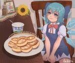  1girl :3 absurdres blue_bow blue_dress blue_eyes blue_hair blush bow breasts cirno collared_shirt dress duhota flower hair_bow highres ice ice_wings jazz_(blini_cat) kazami_yuuka neck_ribbon photo-referenced photo_(object) pinafore_dress plate puffy_short_sleeves puffy_sleeves red_ribbon ribbon russian_text shirt short_hair short_sleeves sitting small_breasts sour_cream sunflower syrniki table touhou white_shirt wings 