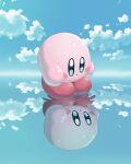  :o aruco_co blue_eyes blue_sky blush blush_stickers closed_mouth clouds commentary_request day full_body highres kirby kirby_(series) looking_down no_humans outdoors reflection reflective_water sky solo standing standing_on_liquid water 