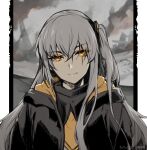  1girl black_jacket commentary_request dated frown girls_frontline grey_hair hair_between_eyes hair_ornament hood hood_down hooded_jacket jacket long_hair looking_at_viewer muted_color one_side_up outdoors rubble ruins solo straight-on tsuki_tokage ump45_(girls&#039;_frontline) upper_body yellow_eyes 