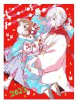  1boy 1girl 2023 accelerator_(toaru_majutsu_no_index) ahoge albino ambiguous_gender androgynous ankle_socks bangs blue_kimono border brown_hair chinese_zodiac envelope expressionless female_child fingernails floral_print furisode hair_ornament hair_tie haori happy_new_year highres holding holding_envelope japanese_clothes kimono last_order_(toaru_majutsu_no_index) light_smile looking_at_another looking_back low_ponytail new_year obi open_mouth pale_skin petalo55 print_kimono rabbit_hair_ornament red_background red_eyes red_scarf sandals sanpaku sash scarf short_hair sidelocks sitting sitting_on_lap sitting_on_person socks toaru_majutsu_no_index white_border white_hair white_kimono year_of_the_rabbit 