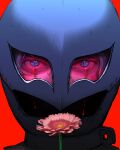  1boy berserk blood blood_from_eyes blue_eyes flower griffith_(berserk) helmet highres holding holding_flower looking_at_viewer male_focus nisino2222 pink_flower red_background simple_background solo white_hair 