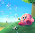  :o aruco_co blue_eyes blue_flower blue_sky blurry blurry_background blush blush_stickers bubble bubble_blowing bubble_pipe clouds commentary_request day flower grass hill holding kirby kirby_(series) on_grass open_mouth outdoors pink_flower sitting sky solo tree 