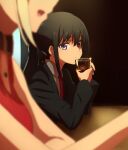  2girls bangs black_hair black_jacket blazer blonde_hair blue_eyes blurry blurry_foreground cup depth_of_field dress dress_shirt drinking_glass grey_shirt highres holding holding_cup inoue_takina jacket light_frown long_hair long_sleeves lycoris_recoil multiple_girls necktie nishikigi_chisato omochi_inu_nekobako open_mouth ponytail red_dress red_necktie reverse_trap shirt sitting smile 