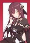  1girl :d absurdres artist_name bangs border breasts brown_dress brown_hair chocolate cleavage_cutout clothing_cutout dress eden_(honkai_impact) food hair_ornament highres holding holding_food honkai_(series) honkai_impact_3rd kenjirohayamiti large_breasts long_hair long_sleeves open_mouth red_border smile solo twitter_username white_background yellow_eyes 