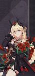  1girl bangs bianka_durandal_ataegina bianka_durandal_ataegina_(palatinus_equinox) blonde_hair bouquet breasts earrings english_text flower highres holding holding_bouquet honkai_(series) honkai_impact_3rd jewelry large_breasts long_hair looking_at_viewer multicolored_hair official_art red_flower smile streaked_hair upper_body 