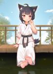  1girl :3 absurdres ahoge animal_ear_fluff animal_ears bangs barefoot belt black_belt black_hair blue_sky blush bright_pupils chromatic_aberration closed_mouth clouds day dougi fang fang_out feet hair_ornament hairclip hand_up highres karate karate_gi kuma-bound looking_at_viewer martial_arts_belt original outdoors paw_pose plant red_eyes red_wristband reflection reflective_water scenery short_hair sidelocks sitting sky smile soles solo tail toes tree water white_pupils wooden_railing 
