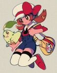  1girl blue_overalls blush bow brown_eyes brown_hair cabbie_hat chikorita closed_mouth commentary_request grey_background hat hat_bow highres holding_strap long_hair looking_down lyra_(pokemon) ok_ko19 overalls pokegear pokemon pokemon_(game) pokemon_hgss red_bow red_footwear red_shirt shirt shoes sleeves_past_elbows smile thigh-highs twintails white_headwear yellow_bag 