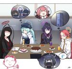  1boy 5girls antenna_hair arona&#039;s_sensei_doodle_(blue_archive) aru_(blue_archive) atsuko_(blue_archive) bangs baseball_cap black_eyes black_hair blue_archive blue_eyes blunt_bangs bow bowtie braid cake choker commentary_request croissant cup cupcake demon_girl demon_horns doughnut drinking_glass food fork gradient_hair green_hair grey_eyes hair_between_eyes hair_ornament hairband hairclip halo haruka_(blue_archive) hat highres hiyori_(blue_archive) hooded_coat horns jpark locker long_hair long_sleeves looking_away low_twintails mask misaki_(blue_archive) mouth_mask multicolored_hair multiple_girls nervous orange_juice parfait parted_bangs plate pudding purple_hair redhead saori_(blue_archive) scared school_uniform sensei_(blue_archive) serafuku short_hair side_ponytail sidelocks single_braid spoken_character spoken_sweatdrop strawberry_shortcake sweatdrop swiss_roll table tea teacup thought_bubble thumbs_up trait_connection tsurugi_(blue_archive) turtleneck twintails ui_(blue_archive) video_call violet_eyes yuzu_(blue_archive) 