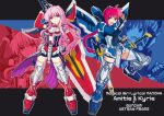  2girls amitie_florian armor boots braid fighting_stance green_eyes gundam gundam_astray_blue_frame gundam_astray_red_frame gundam_seed hibun_tsukasa highres holding holding_sword holding_weapon kyrie_florian long_hair lyrical_nanoha mahou_shoujo_lyrical_nanoha mahou_shoujo_lyrical_nanoha_a&#039;s mahou_shoujo_lyrical_nanoha_a&#039;s_portable:_the_gears_of_destiny mecha_musume mechanical_sword mechanical_wings multiple_girls open_mouth pink_eyes pink_hair skindentation smile sword weapon wings zoom_layer 