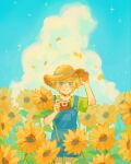  1boy adjusting_clothes adjusting_headwear arm_up artist_name basil_(omori) blonde_hair blue_eyes blue_overalls blue_sky blush camera closed_mouth day flower green_shirt hair_flower hair_ornament hat highres holding holding_camera kimsugi looking_at_viewer omori outdoors overall_shorts overalls shirt short_hair short_sleeves sky smile solo sun_hat sunflower 