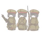  3girls :d arisaka bangs bayonet black_eyes black_hair bob_cut bolt_action closed_mouth full_body green_jacket gun hat imperial_japanese_army jacket katana kokeshi_star7 machine_gun military military_hat military_jacket military_uniform multiple_girls open_mouth original rifle sheath sheathed short_hair smile sword type_99_light_machine_gun uniform weapon world_war_ii 