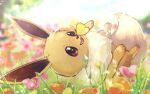  blurry blurry_background brown_eyes brown_fur bug butterfly butterfly_on_nose eevee flower fluffy kachin light_rays lying on_back on_grass on_ground open_mouth outdoors pokemon pokemon_(creature) smile tulip yellow_butterfly 