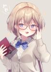  1girl :d bangs bespectacled blue_bow blush book bow brown_hair cardigan collared_shirt commentary_request dress_shirt ebihara_beniko fang glasses grey_background grey_cardigan hair_between_eyes hands_up highres holding holding_book long_hair long_sleeves looking_at_viewer low_twintails notice_lines open_book original puffy_long_sleeves puffy_sleeves red-framed_eyewear semi-rimless_eyewear shirt simple_background sleeves_past_wrists smile smug solo sparkle translation_request twintails under-rim_eyewear upper_body v-shaped_eyebrows very_long_hair violet_eyes white_shirt 