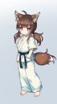  1girl ahoge animal_ear_fluff animal_ears bangs barefoot belt black_belt blunt_bangs blush bright_pupils brown_eyes brown_hair clenched_hand closed_mouth dougi feet fox_ears fox_girl fox_tail full_body hair_over_shoulder hair_tie highres karate karate_gi kuma-bound long_hair looking_at_viewer low_twintails martial_arts_belt original sidelocks simple_background solo standing tail tail_raised toes twintails white_pupils 