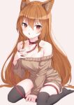  1girl animal_ear_fluff animal_ears bare_shoulders black_thighhighs breasts brown_sweater collar commission fang highres leash light_brown_hair long_hair long_sleeves looking_at_viewer medium_breasts no_pants off-shoulder_sweater off_shoulder open_mouth orange_hair original pixiv_commission red_collar red_eyes sitting skin_fang sweater thigh-highs thigh_strap usamiusamimii very_long_hair wariza 