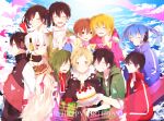  ! 5girls 6+boys :t age_difference amamiya_hibiya apron arrow_(symbol) arrow_print bad_id bad_pixiv_id bangs birthday_cake birthday_party black_eyes black_hair black_hoodie black_ribbon black_shirt blonde_hair blue_dress blue_hair blue_jacket blue_shirt blue_sky blunt_bangs blush box brown_eyes brown_hair brown_shirt buckle bunting cake cardigan casual character_name closed_eyes closed_mouth clouds cloudy_sky collared_shirt commentary cream cross-laced_clothes dark_konoha dated day decorations dot_nose drawing drawstring dress eating ene_(kagerou_project) english_text enomoto_takane facial_mark facing_another facing_to_the_side facing_viewer floral_bow food framed frilled_apron frills fringe_trim fruit gift gift_box green_cardigan green_hair green_jumpsuit grey_hoodie hair_between_eyes hair_ornament hair_over_one_eye hair_ribbon hair_scrunchie hairband hairclip happy happy_birthday holding holding_food hood hood_down hoodie jacket jumpsuit kagerou_project kano_shuuya kido_tsubomi kisaragi_momo kisaragi_shintarou kokonose_haruka konoha_(kagerou_project) kozakura_marry long_bangs long_hair long_sleeves looking_at_food looking_away looking_to_the_side mekakucity_actors motakichi_(souka_0605) multiple_boys multiple_girls neck_warmer one_side_up open_clothes open_jacket open_mouth orange_hair parted_lips pink_eyes pink_hairband pink_hoodie pink_ribbon polka_dot popped_collar red_hoodie red_jacket red_scarf ribbon scarf school_uniform scrunchie seto_kousuke shirt short_hair short_ponytail short_sleeves side-by-side side_ponytail sketch sketchbook skewer sky sleeveless sleeveless_hoodie sleeves_past_elbows sleeves_rolled_up smile strawberry striped striped_jacket t-shirt teeth track_jacket triangle twintails two-tone_hoodie upper_body upper_teeth_only wavy_hair white_apron white_hair white_hoodie white_shirt wide-eyed yellow_eyes zipper zipper_pull_tab 