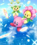  :d arms_up aruco_co blue_eyes blue_sky blush blush_stickers brown_eyes carrying closed_mouth clouds commentary_request day falling_petals flying full_body highres jewelry kirby kirby:_triple_deluxe kirby_(series) necklace ocean open_mouth outdoors people_of_the_sky petals sky smile sparkle water 