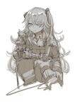  1girl collared_shirt commentary girls_frontline greyscale hair_ornament hair_over_one_eye highres long_hair looking_at_viewer mechanical_arms messy_hair mm_(kabokorooic) mod3_(girls&#039;_frontline) monochrome one_eye_closed one_side_up scar scar_across_eye shirt single_mechanical_arm sitting sketch solo ump45_(girls&#039;_frontline) very_long_hair 