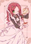  1girl absurdres andou_ringo apron black_dress blush cup dress futaba969649 green_eyes heart highres holding holding_cup long_hair looking_at_viewer maid maid_apron maid_headdress one_eye_closed puyopuyo redhead solo teapot twintails 