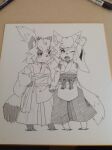  2girls animal_ear_fluff animal_ears animal_feet arm_at_side arm_up bangs barefoot breasts commentary_request detached_sleeves feet flat_chest fox_ears fox_girl fox_tail full_body furry furry_female greyscale hair_ornament hakama hakama_skirt half-closed_eyes hand_on_hip hip_vent holding_hands japanese_clothes kame_(3t) kimono long_sleeves looking_at_viewer marker medium_breasts monochrome multiple_girls obi one_eye_closed original photo_(medium) raccoon_ears raccoon_girl raccoon_tail rin-chan_(kame_(3t)) sash short_hair simple_background sketch skirt sleeveless sleeveless_kimono standing swept_bangs tail thick_eyebrows topknot traditional_media waving white_background wide_sleeves yhun-chan_(kame_(3t)) 