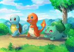  :d bright_pupils bulbasaur bush charmander closed_mouth clouds commentary_request fangs flame-tipped_tail grass open_mouth outdoors pokemon pokemon_(creature) red_eyes rock sambread sky smile squirtle standing starter_pokemon_trio tongue tree white_pupils 