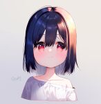  1girl bangs bare_shoulders black_hair blush closed_mouth collarbone cropped_torso grey_background hair_between_eyes hair_intakes highres looking_at_viewer meito_(maze) off_shoulder original red_eyes shirt signature simple_background smile solo upper_body white_shirt 