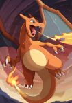  blue_eyes breathing_fire charizard clouds commentary_request embers fangs fire flame flame-tipped_tail full_body gradient_eyes highres momota_pix mountain multicolored_eyes no_humans open_mouth outdoors pokemon pokemon_(creature) red_sky sharp_teeth sky smoke teeth tongue v-shaped_eyebrows 