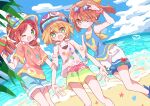  3girls amitie_(puyopuyo) andou_ringo arle_nadja beach blonde_hair blue_sky blush brown_hair carbuncle_(puyopuyo) drill_hair futaba969649 green_eyes hat highres long_hair looking_at_viewer multiple_girls one_eye_closed ponytail puyo_(puyopuyo) puyopuyo redhead shirt short_hair shorts sky starfish sunglasses water_gun yellow_eyes 