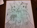 2girls animal_ear_fluff animal_ears animal_nose arm_at_side bangs blush body_fur breasts closed_mouth commentary_request detached_sleeves facial_mark fang flat_chest fox_ears fox_girl furry furry_female greyscale hakama hakama_skirt half-closed_eyes hand_on_hip hand_up happy holding_hands interlocked_fingers japanese_clothes kame_(3t) kimono light_blush long_sleeves looking_at_viewer medium_breasts miko monochrome multiple_girls obi open_mouth original photo_(medium) raccoon_ears raccoon_girl rin-chan_(kame_(3t)) sash short_hair shoulder-to-shoulder sketch skirt sleeveless sleeveless_kimono smile snout standing swept_bangs thick_eyebrows topknot traditional_media waving whisker_markings wide-eyed wide_sleeves yhun-chan_(kame_(3t)) 