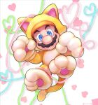  1boy animal_hands blue_eyes cat_mario cat_paws co_co_mg facial_hair heart highres looking_at_viewer mario mustache simple_background super_bell_(transformation) super_mario_bros. yarn 