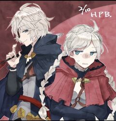  1girl ahoge bangs blue_eyes blue_hood braid capelet chizuru752830fe father_and_daughter fire_emblem fire_emblem_fates hairband highres hood hooded_capelet low_twin_braids niles_(fire_emblem) nina_(fire_emblem) o-ring parted_bangs red_hood twin_braids white_hair white_hairband 