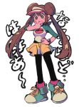  +_+ 1girl :o black_pantyhose blush_stickers brown_hair commentary_request double_bun doughnut_hair_bun excited full_body hair_bun hand_on_hip hand_on_own_chin hand_up highres legwear_under_shorts long_hair ok_ko19 pantyhose pokemon pokemon_(game) pokemon_bw2 raglan_sleeves rosa_(pokemon) shoes shorts sleeves_past_elbows sneakers solo standing stroking_own_chin twintails visor_cap white_background yellow_shorts 