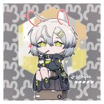  1girl 45kon absurdres ahoge bangs black_gloves black_jacket box cardboard_box character_name chibi commentary_request croque_(girls&#039;_frontline_nc) expressionless full_body girls&#039;_frontline_neural_cloud gloves green_eyes grey_hair hair_between_eyes hair_ornament hairclip highres holding jacket looking_at_viewer medium_hair shorts sitting solo 