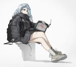  1girl absurdres backpack bag black_jacket blue_eyes blue_hair commentary computer countryman_(artist) crossed_legs earpiece expressionless full_body girls_frontline gloves grey_background highres holding_laptop jacket laptop long_hair looking_at_viewer mk_153_(girls&#039;_frontline) shoes simple_background sitting sneakers socks solo white_gloves white_socks wire 