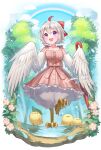  1girl absurdres ahoge artist_name bare_shoulders bird bird_legs bow commentary commission dress feathered_wings feathers flower forest hair_between_eyes hair_bow harpy highres holding holding_umbrella leaf leaf_on_head miyamo_(fumifumi_no_ura) monster_girl multicolored_hair nature open_mouth original outdoors pink_dress pink_flower puddle rainbow red_bow redhead sleeveless sleeveless_dress splashing talons tori_(tama) tree two-tone_hair umbrella violet_eyes walking white_feathers white_hair white_wings winged_arms wings 