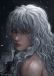  1boy aki_(akistrike) bangs bare_shoulders berserk blue_eyes cherry_blossoms close-up commentary crying crying_with_eyes_open english_commentary falling_petals griffith_(berserk) hair_between_eyes long_hair looking_at_viewer male_focus petals slit_pupils solo teardrop tears wavy_hair white_hair 