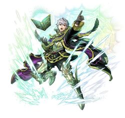  1boy armor attack book coat fire_emblem fire_emblem_awakening fire_emblem_heroes gloves leg_armor long_coat magic official_alternate_costume official_art open_mouth pointing robin_(fire_emblem) robin_(male)_(fire_emblem) shoulder_armor solo teeth v-shaped_eyebrows white_hair wind 