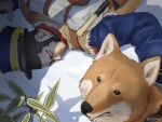 1boy beard black_hair buzz_cut comedy crack_of_light dog facial_hair golden_kamuy hat kepi looking_at_viewer lying male_focus military_hat nopinzo on_stomach parody_request ryu_(golden_kamuy) shiba_inu short_hair sideburns sleeping solo_focus tanigaki_genjirou thick_eyebrows very_short_hair