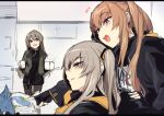  3girls black_dress brown_eyes brown_hair coffee_mug commentary_request cup dress fingerless_gloves girls_frontline gloves grey_hair hair_between_eyes indoors jacket long_hair magazine_(object) mug multiple_girls one_side_up open_mouth pantyhose pointing smile tsuki_tokage ump40_(girls&#039;_frontline) ump45_(girls&#039;_frontline) ump9_(girls&#039;_frontline) 