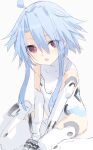  1girl absurdres bare_shoulders blue_hair breasts buran_buta hair_between_eyes highres leotard looking_at_viewer neptune_(series) power_symbol red_eyes short_hair_with_long_locks sitting sketch small_breasts smile solo symbol-shaped_pupils upper_body wariza white_heart white_leotard 