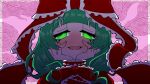  1girl bangs blush green_eyes grey_hair hair_ribbon hands_on_own_cheeks hands_on_own_face kagiyama_hina looking_at_viewer neosiromaruzmc one-hour_drawing_challenge open_mouth red_ribbon ribbon solo symbol-shaped_eyes touhou yandere_trance 